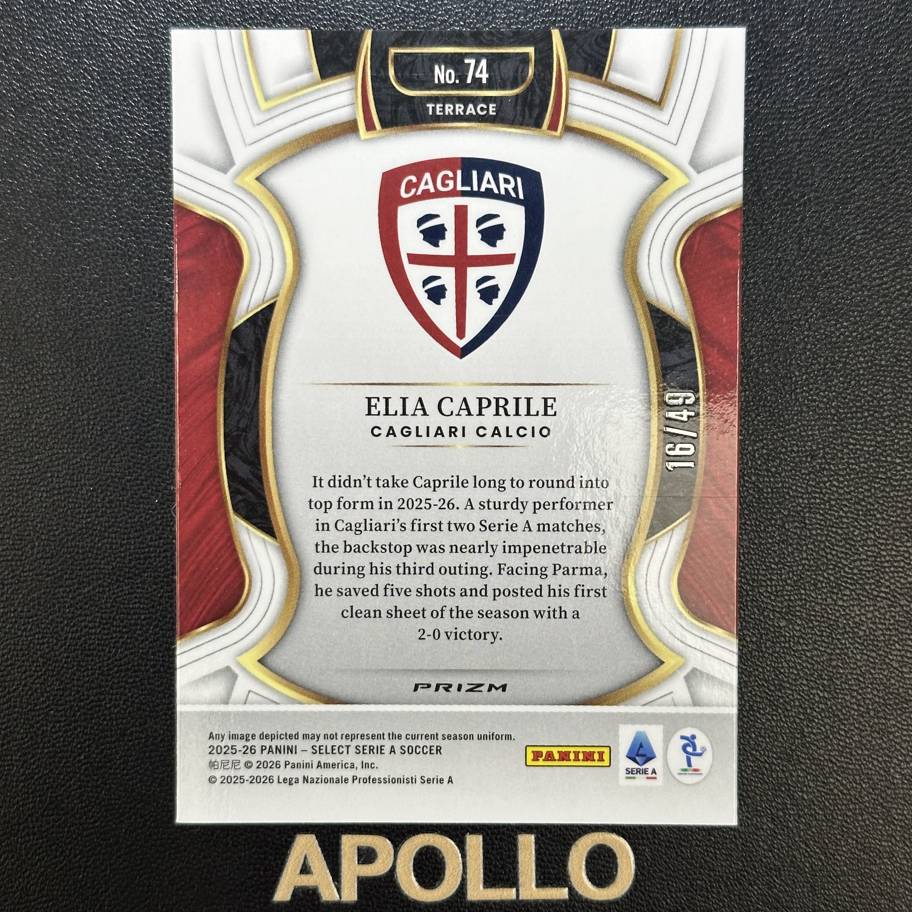 2025-26 Panini Select Elia Caprile 卡普里莱 意甲SE 卡利亚里 /49编 低编 祥云折 卡品如图#红警