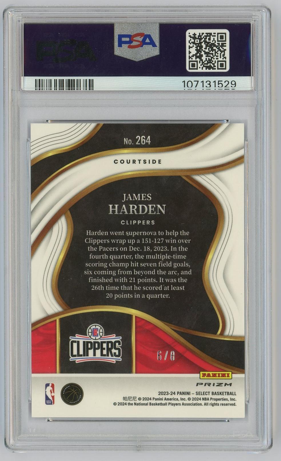 2023-24 Panini Select James Harden 詹姆斯哈登 三级 6/8编 超低编 银hyper折 折射 快船 大胡子 信封独占 PSA10 卡品如图 0CG1/11.27