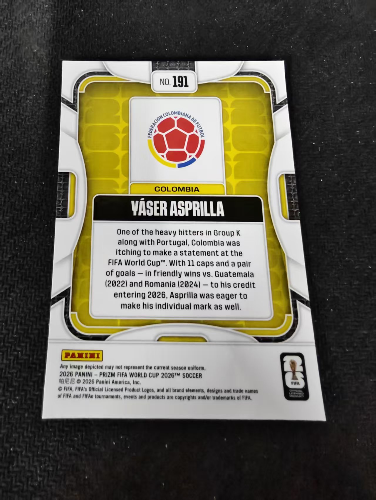 2026 Panini World Cup Prizm Yaser Asprilla 哥伦比亚 赫罗纳 阿斯普里亚 PZ世界杯 划痕 边角瑕疵#191