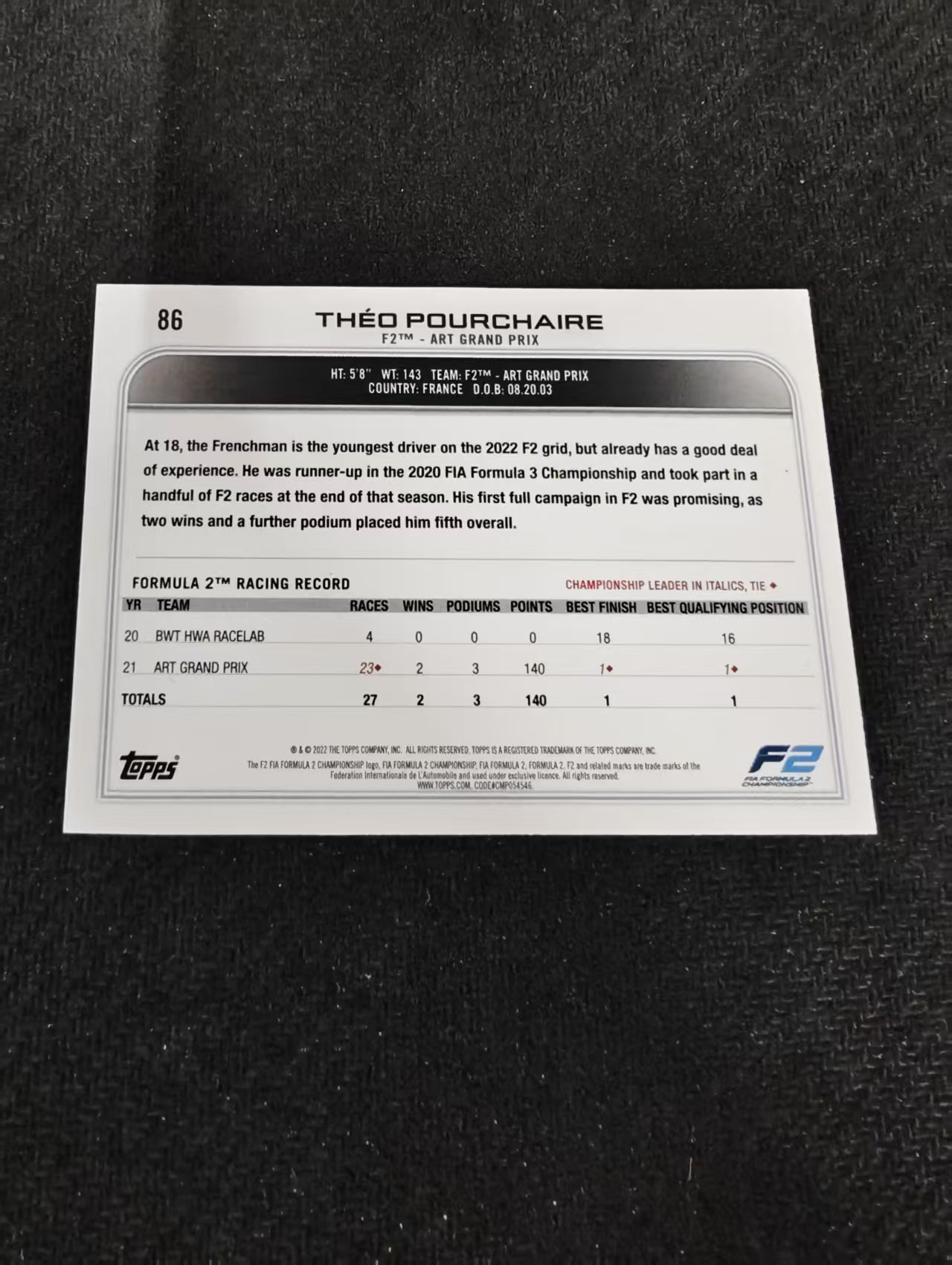 2022 Topps Chrome F1 Theo Pourchaire 西奥 普尔谢尔 F2 黑白棋盘 划痕 边角瑕疵@86