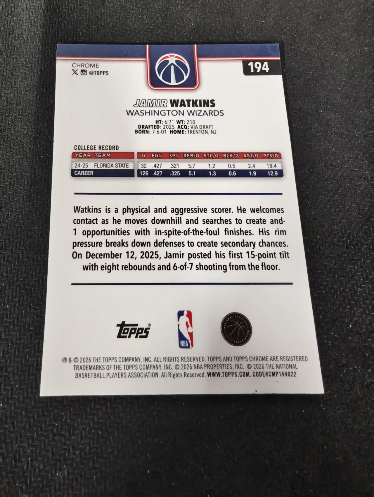 2026 Topps Chrome Update Jamir Watkins RC TCU系列 奇才 贾米尔·沃特金斯 新秀 hyper折 瑕疵如图
