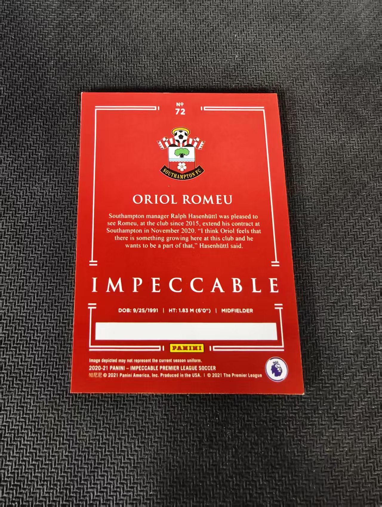 【可合并,不累计】2020-21 Panini Impeccable Oriol Romeu 英超小真金 南安普顿 罗梅乌 75编 边角瑕疵