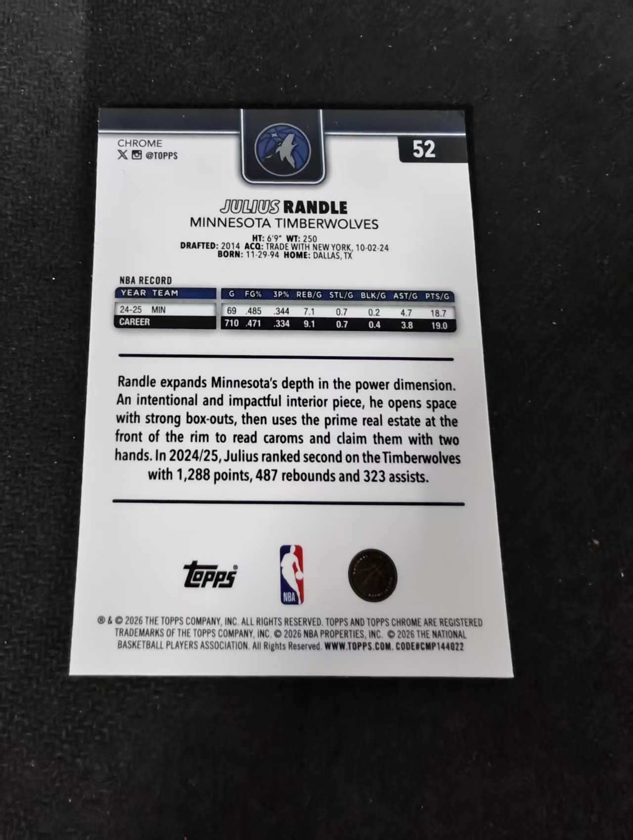 2026 Topps Chrome Update Julius Randle 朱利叶斯 兰德尔 森林狼 TCU 划痕 边角瑕疵 #52