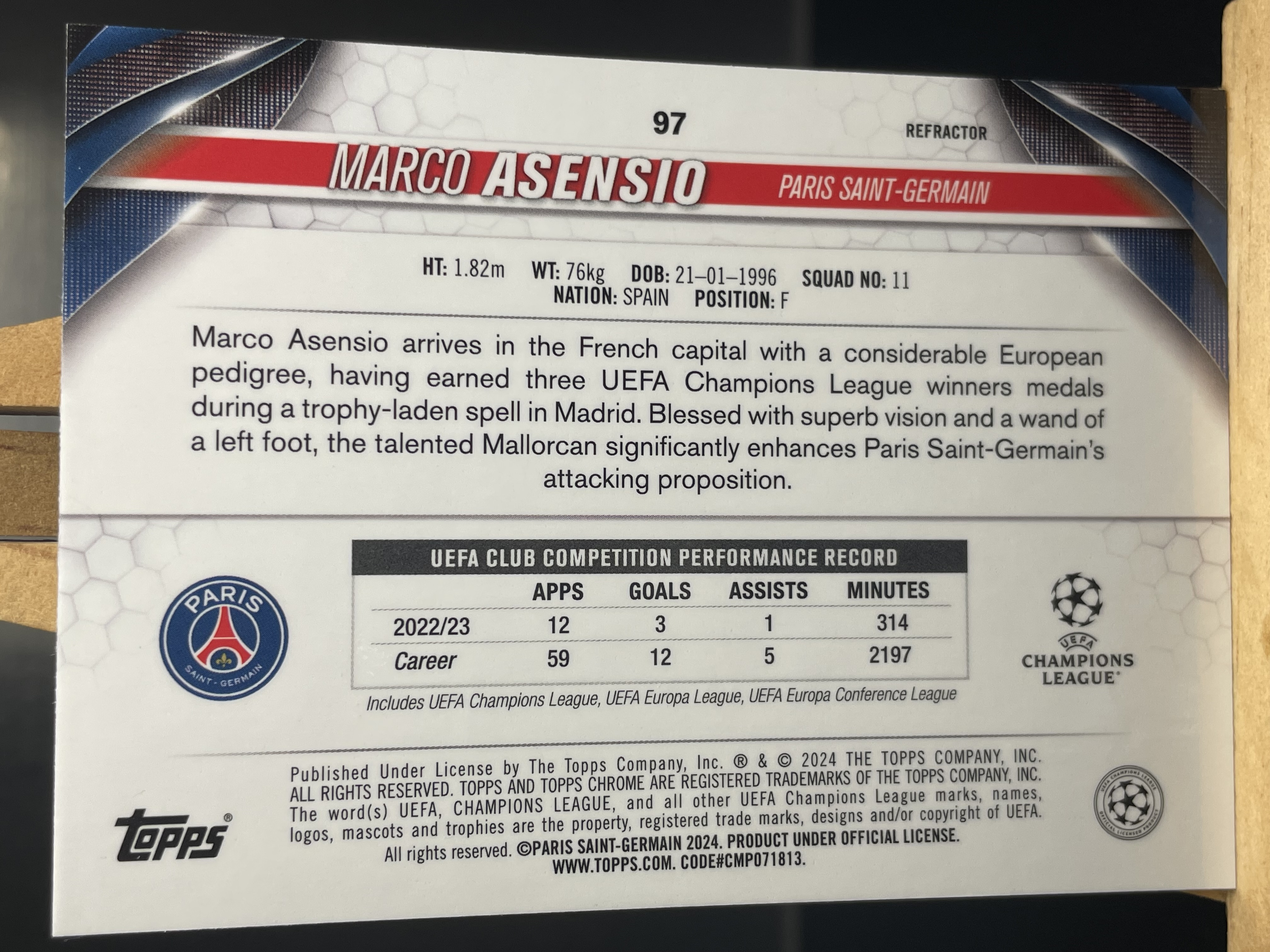 (C8) 2024 TOPPS 折射 马尔科 阿森西奥 近期大热球星 收藏必备 卡品如图 ! ! !