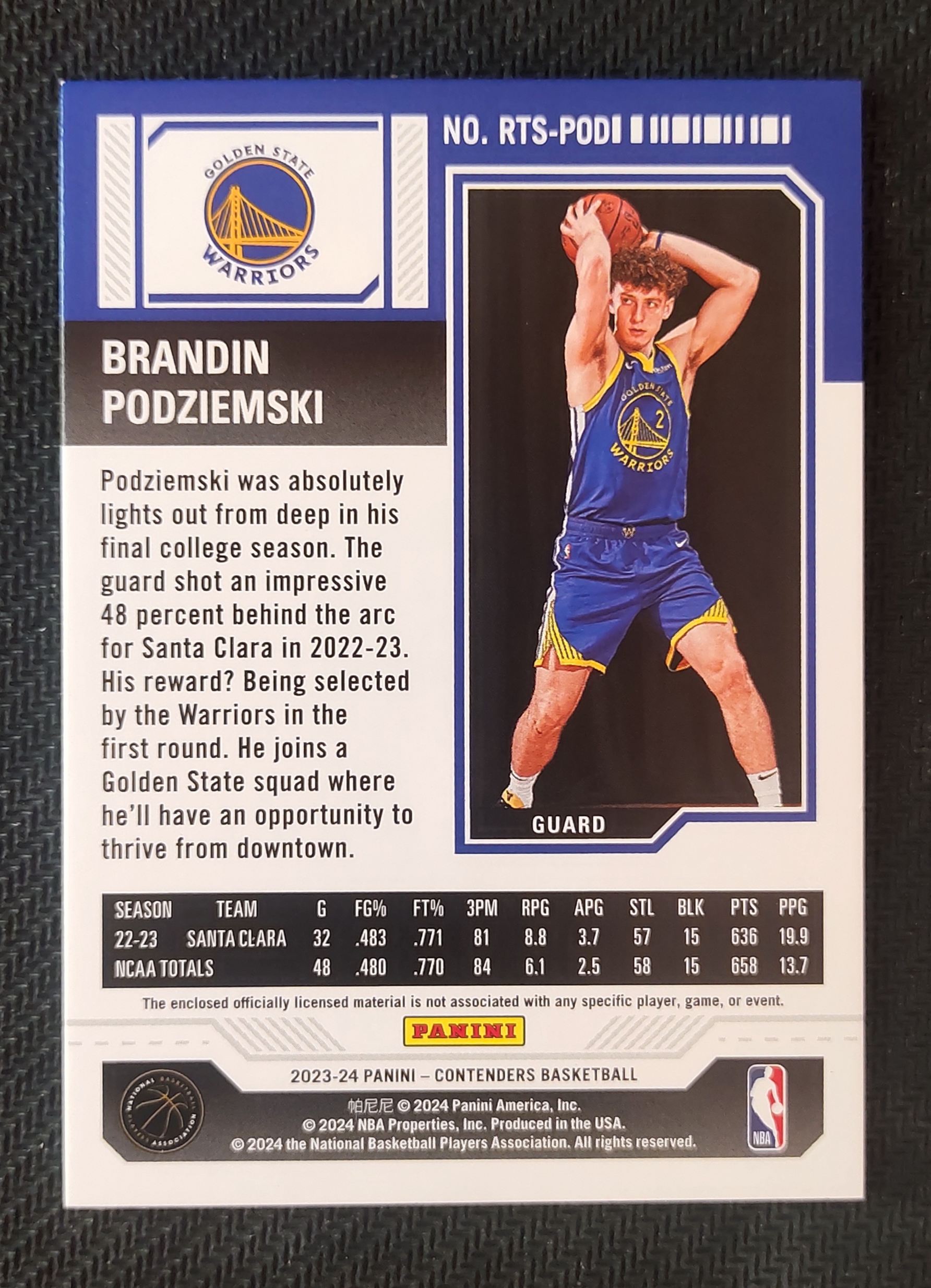 2023-24 Panini Contenders Brandin Podziemski RC 布兰丁 波杰姆斯基 勇士 新秀 球票 小窗 球衣 物料 切割 瑕疵如图