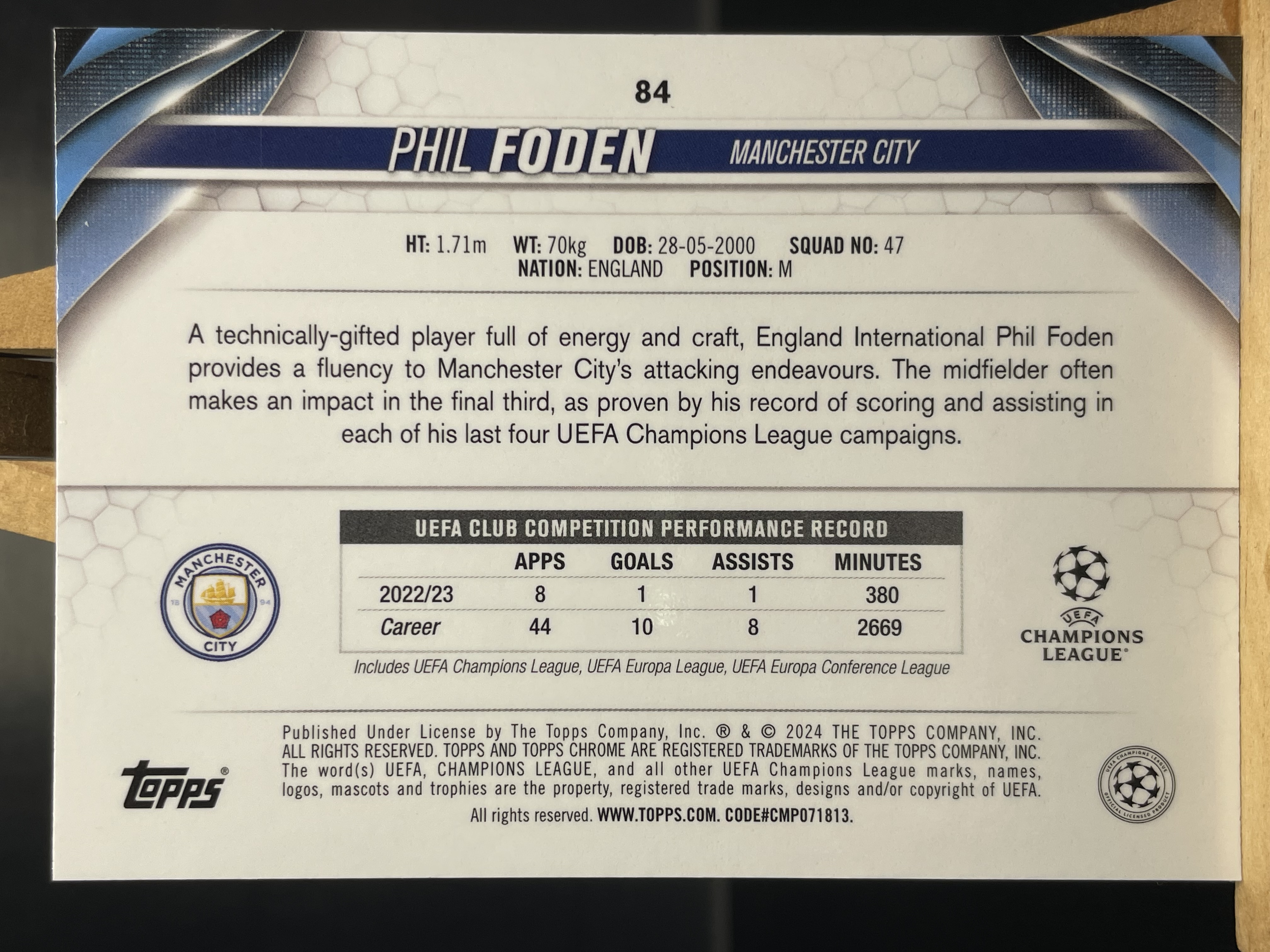 (K4) 2024 TOPPS 折射 菲尔 福登 近期大热球星 收藏必备 卡品如图 ! ! !