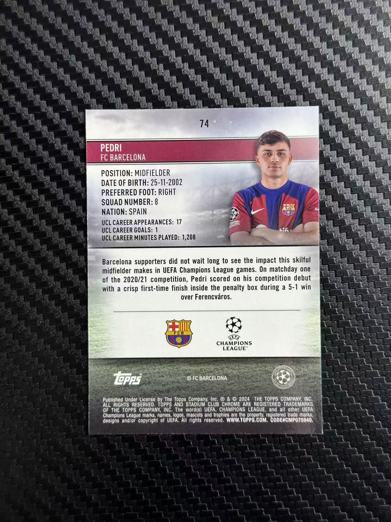 2024 Topps Stadium Club Chrome Pedri 佩德里 佩刀 巴萨 巴塞罗那 西班牙 欧冠 竞技场 215/250编 青波纹折 卡品如图 拍前看描述