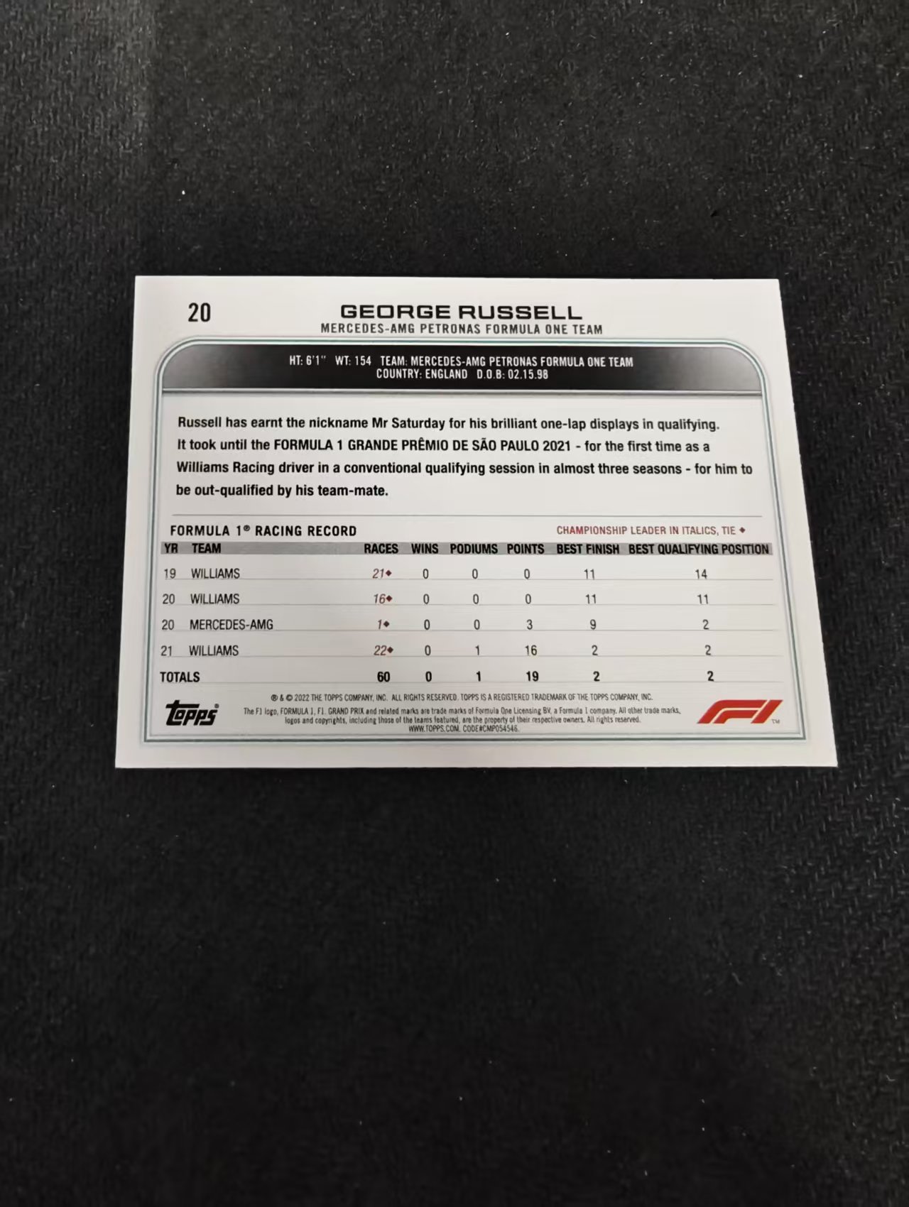 2022 Topps Chrome F1 George Russell 乔治 拉塞尔 梅奔 划痕 边角瑕疵@20