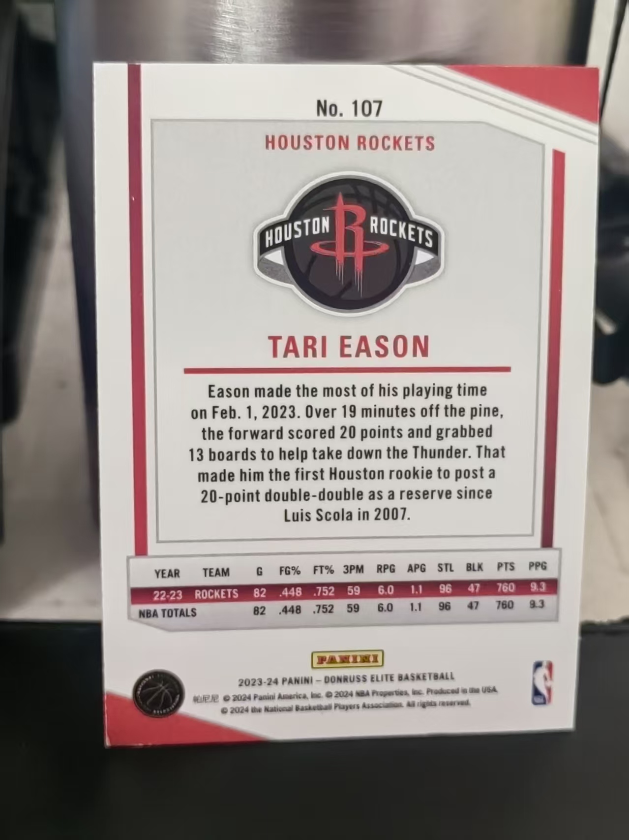 2023-24 Panini Donruss Elite Tari Eason 杜蕾斯 精英 塔里 伊森 火箭 篮 白边白角 不保卡品 卡品如图