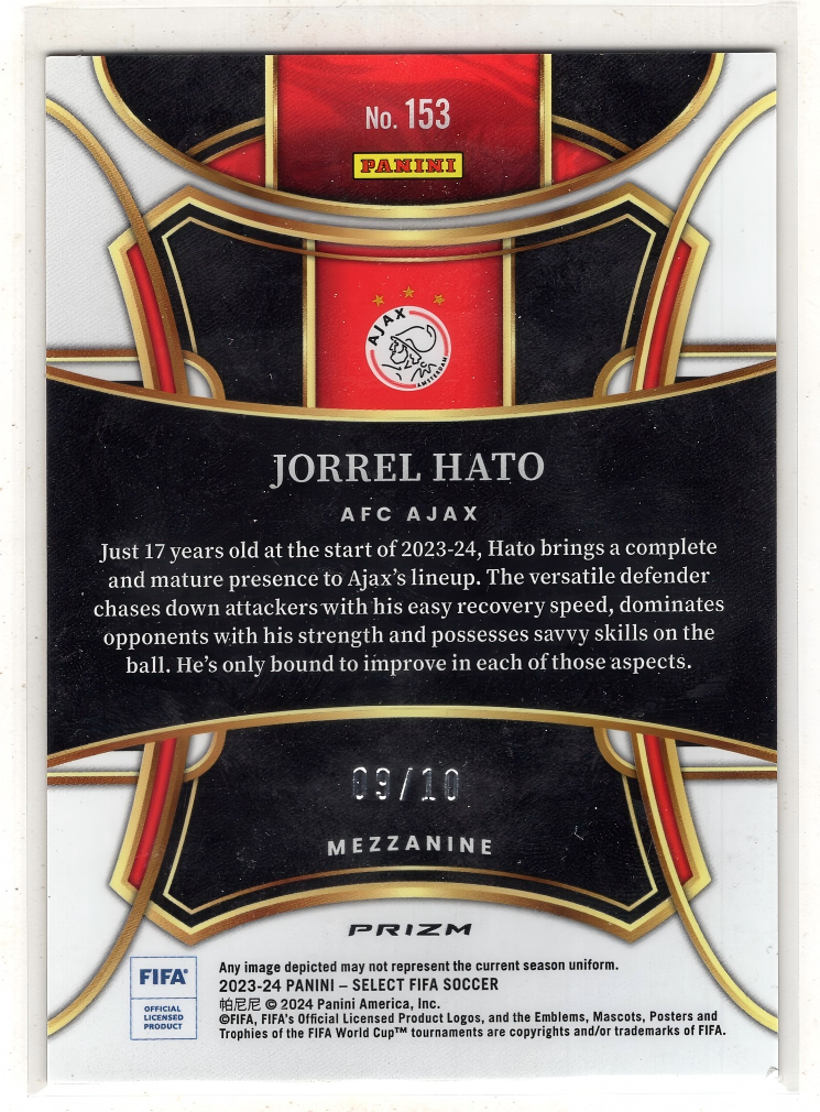 2023-24 Panini Select Jorrel Hato RC 【来拆波卡】select 国际 阿贾克斯 哈托 新秀 金波纹折 10编 卡角瑕疵 jjdk