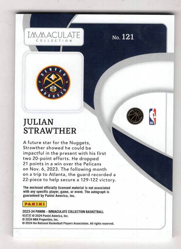 2023-24 Panini Immaculate Julian Strawther RC 【来拆波卡】掘金 朱利安 斯特劳瑟 imm 新秀 RPA 签字 卡签 99编 jjdk