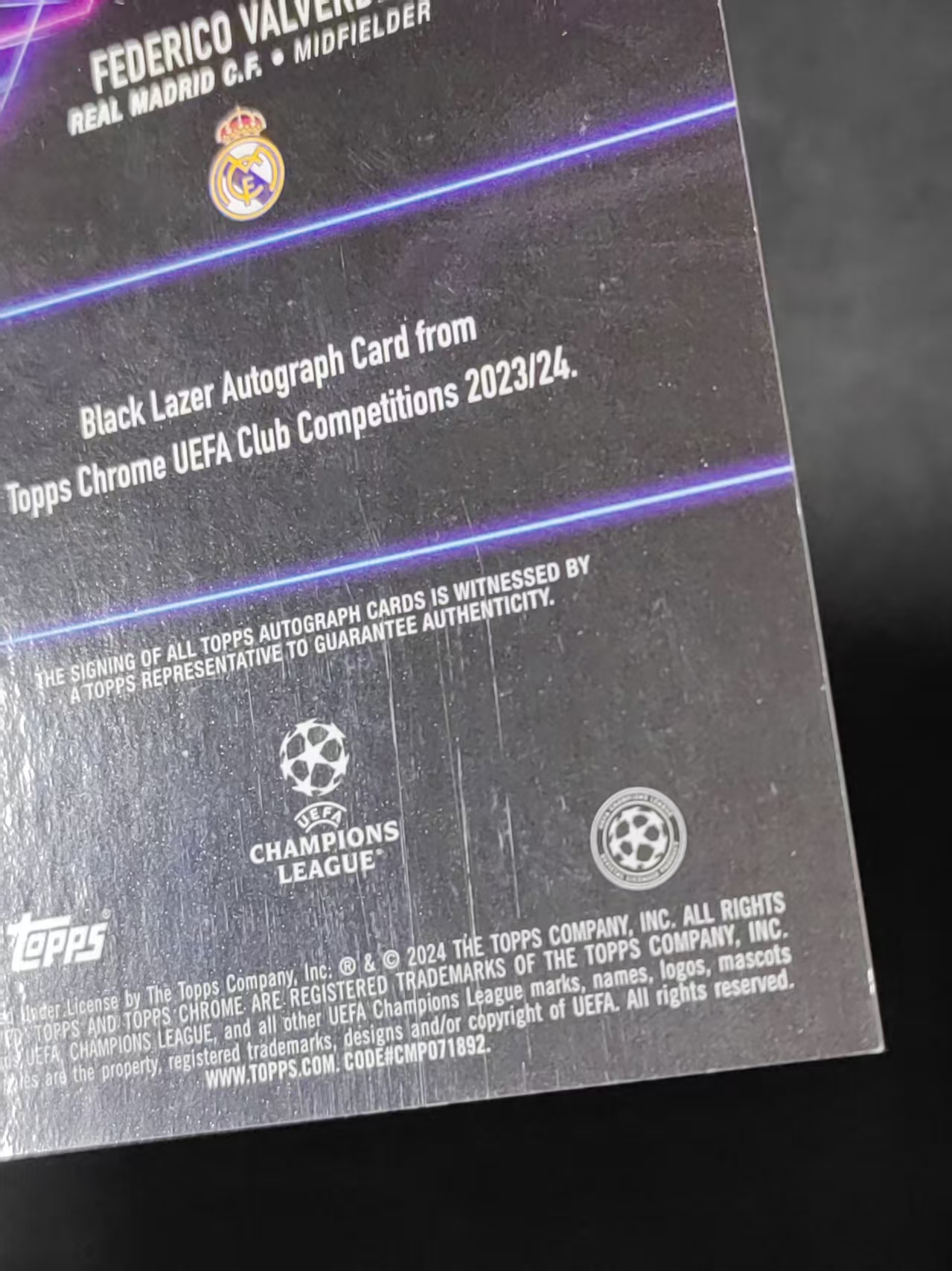 2024 Topps Chrome Federico Valverde 【林林拍卖鬼叻】tc系列 欧冠 西甲 皇家马德里 皇马 巴尔韦德 巴尔维德 49/99编 绿折 黑镭射签 签字 瑕疵见图