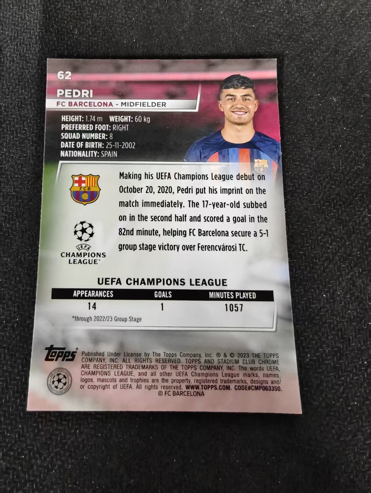 【可合并,不累计】2023 Topps Stadium Club Chrome Pedri 佩德里 金童 佩刀 西班牙 巴萨 欧冠 竞技场 不保卡品 介意勿拍 #62