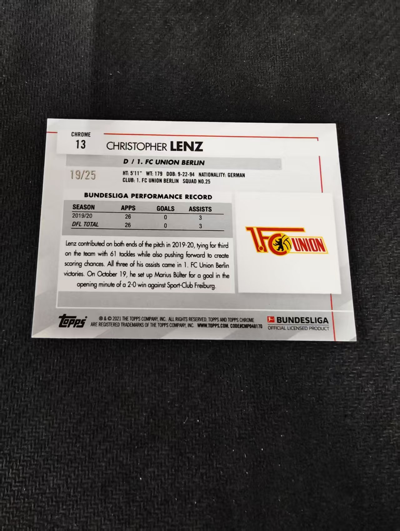 【可合并,不累计】2021 topps Chrome christopher lenz 德甲 柏林联 克里斯托弗 伦茨 紫碎冰 25编 划痕 边角瑕疵