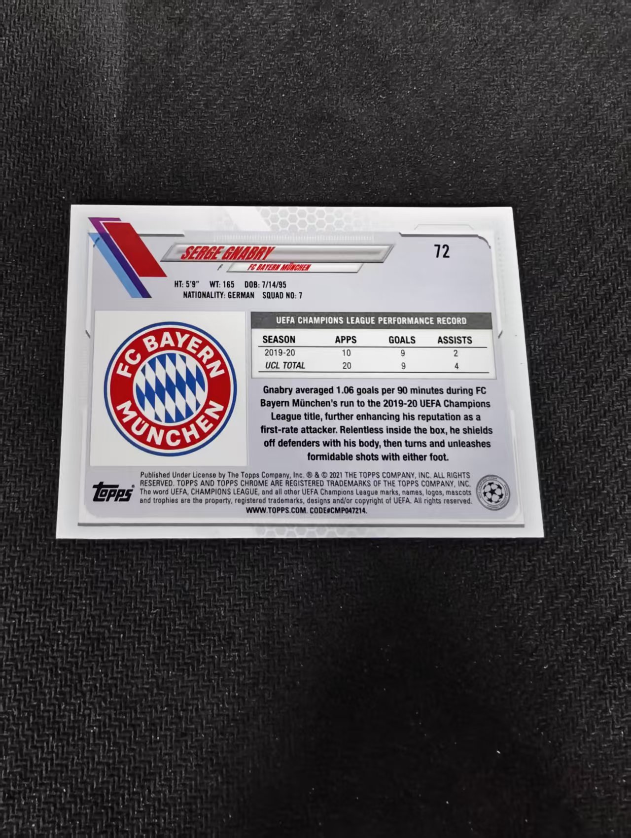 【可合并,不累计】2021 Topps Chrome Serge Gnabry 塞尔日 格纳布里 拜仁慕尼黑 蓝宝石 蓝碎冰折 欧冠 #72 划痕 边角瑕疵