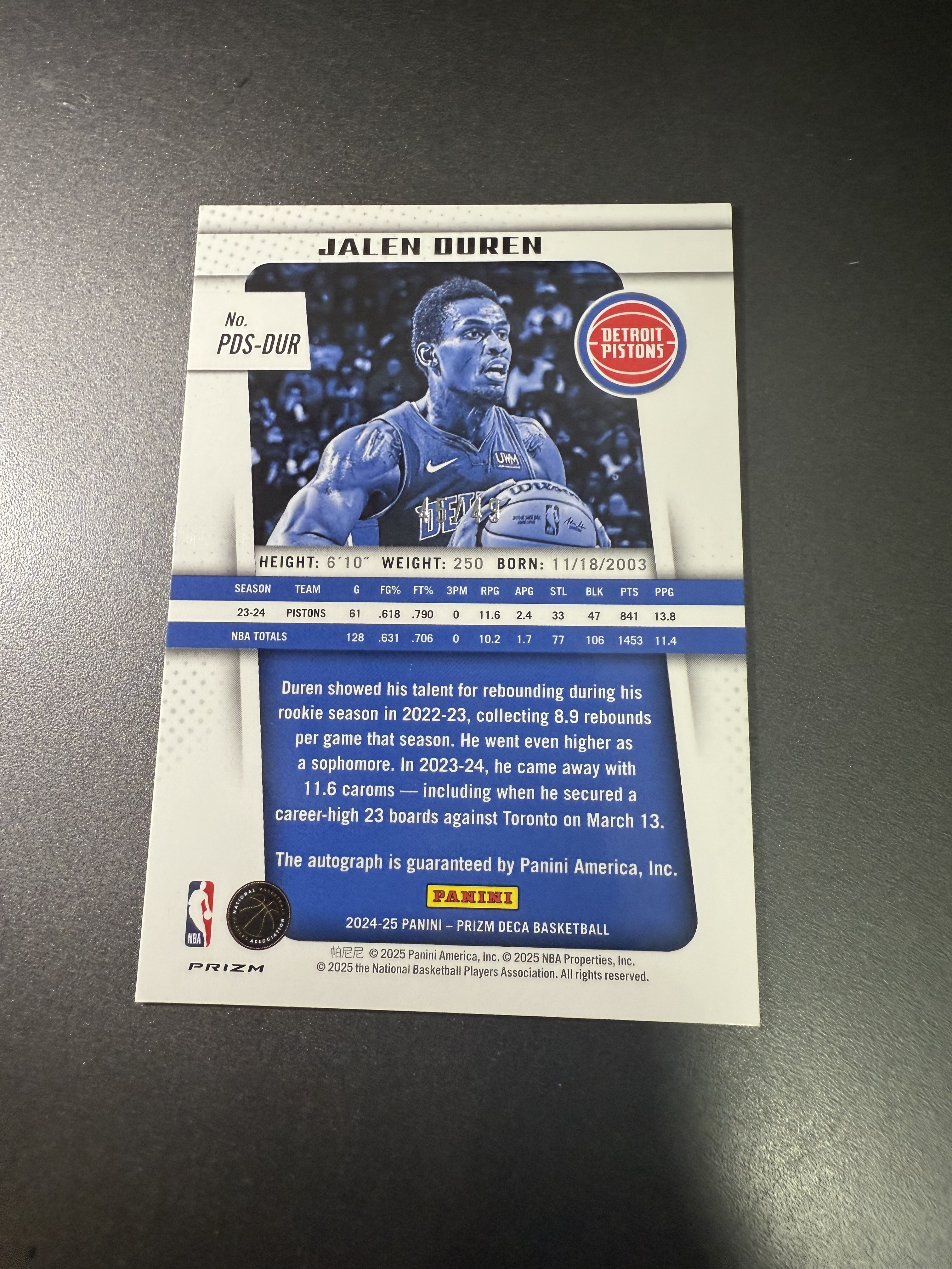 2024-25 Panini Prizm Jalen Duren 杰伦杜伦 蓝折 49编 签字 龙