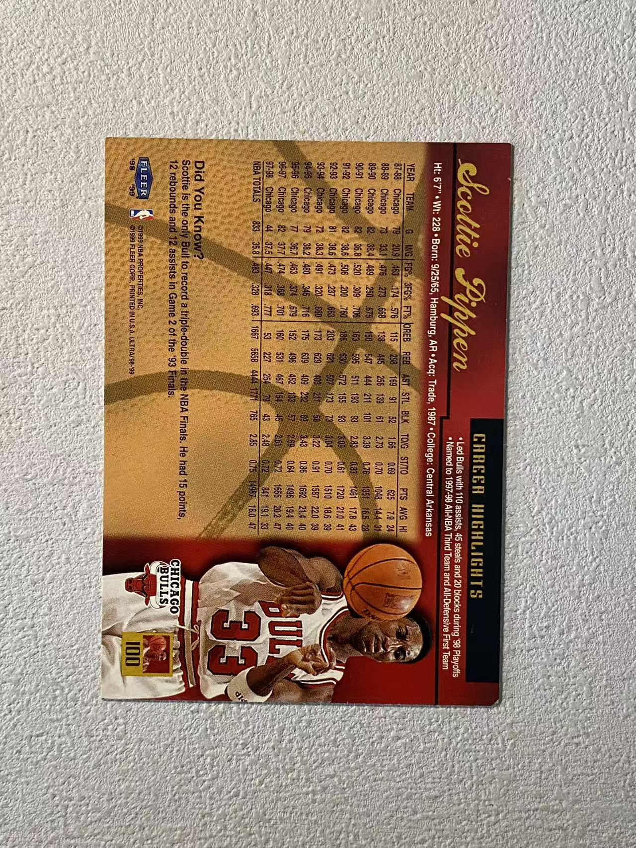 1999 Fleer Ultra Scottie Pippen 公牛 斯科蒂 皮蓬 ssp 闪版 特卡 折射 艺术字体 大比例 老卡微瑕 专收必备