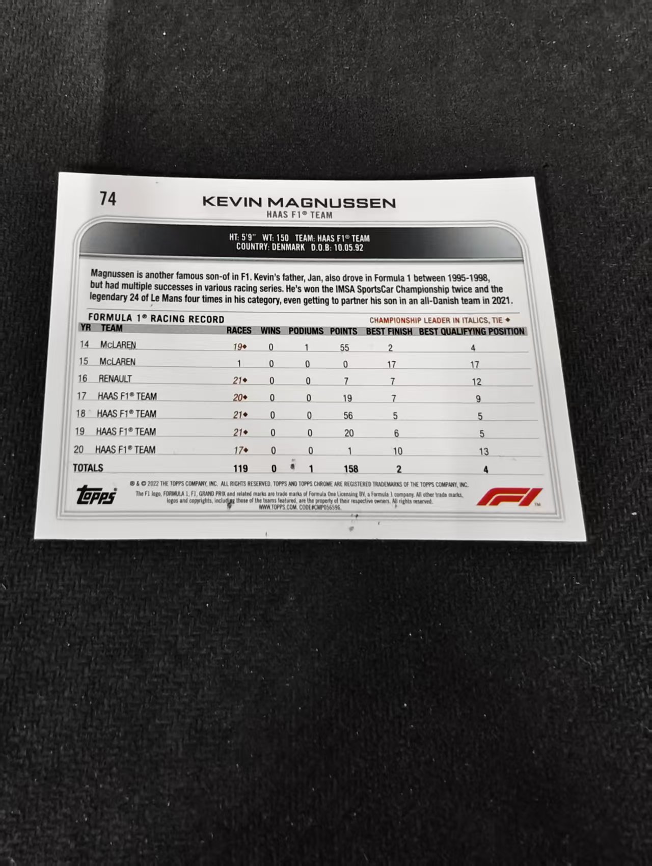 2022 Topps Chrome F1 Kevin Magnussen 凯文 马格努森 哈斯 划痕 边角瑕疵#74
