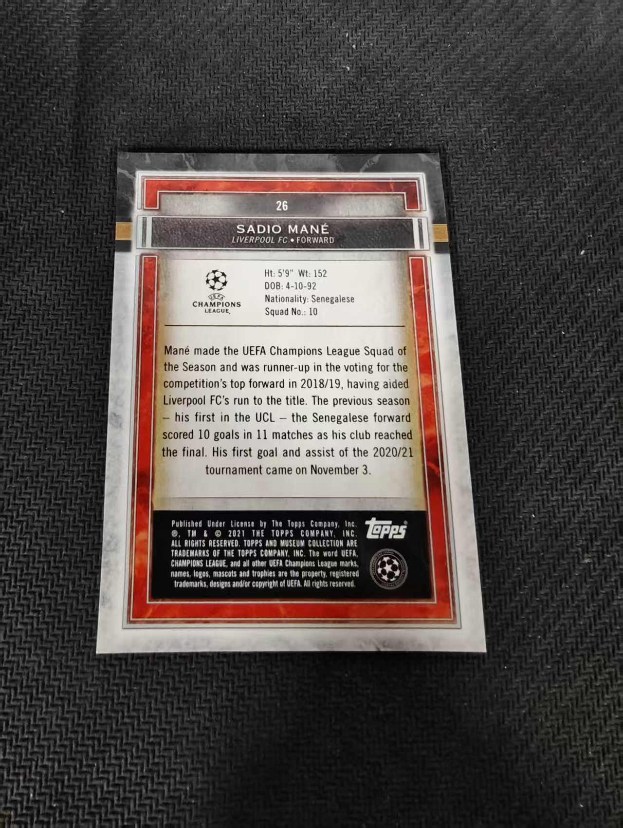 【可合并,不累计】2021 Topps Museum Sadio Mane 利物浦 马内 博物馆 塞内加尔 欧冠 边角瑕疵