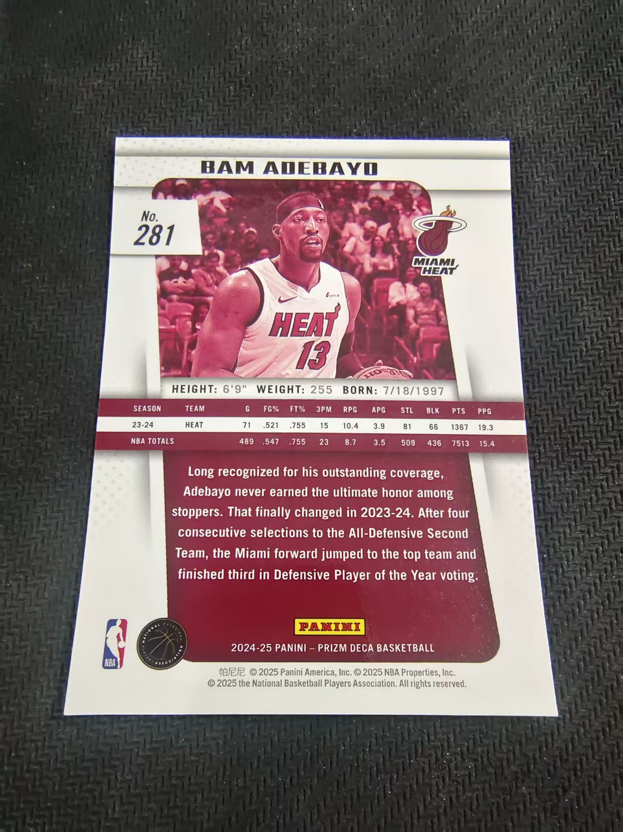 【可合并,不累计】2024-25 Panini Prizm Bam Adebayo PZ DECA 阿德巴约 热火 复刻 划痕 边角瑕疵 #281