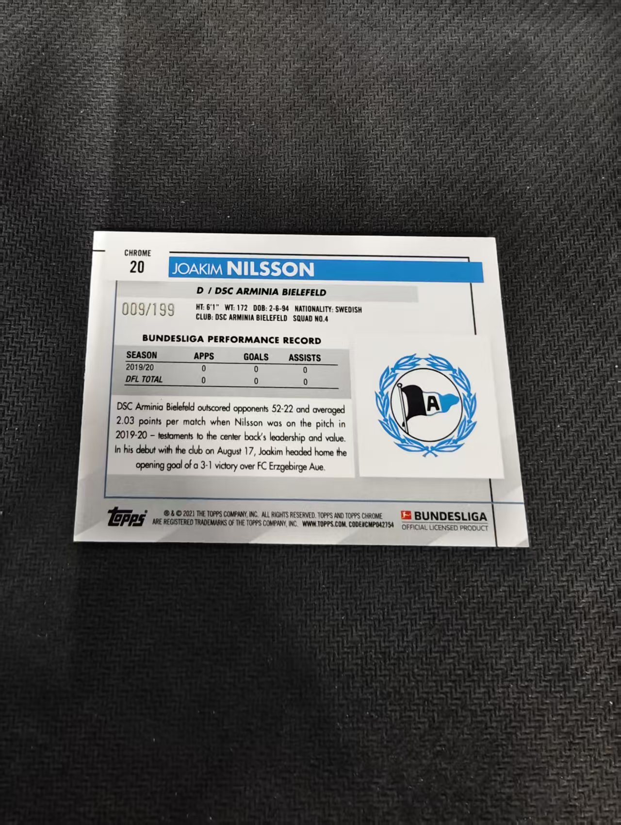 【可合并,不累计】2021 Topps Chrome Joakim Nilsson 德甲 比勒费尔德 尼尔松 折射 199编 瑕疵如图