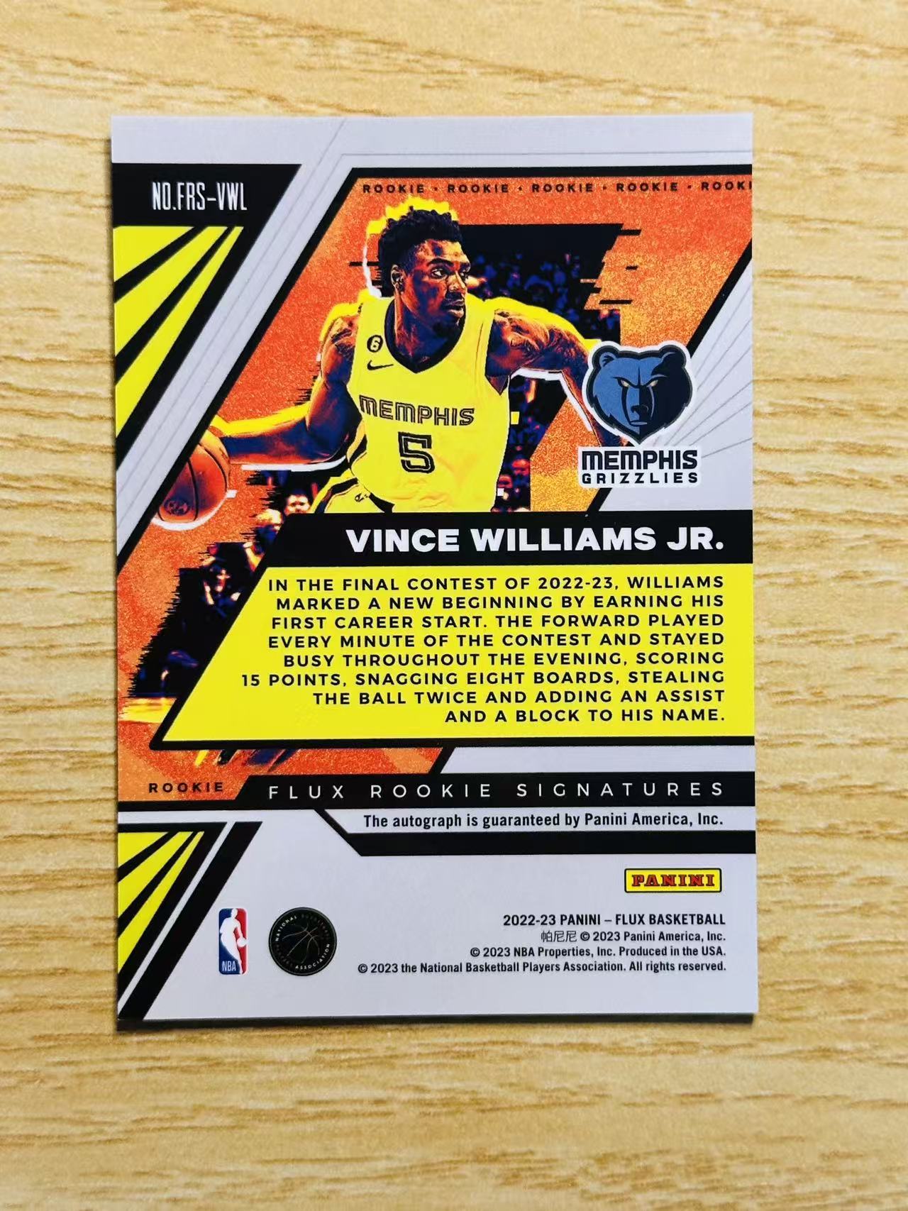 2022-23 Panini Flux 文斯 威廉姆斯 嘿嘿代卖 文斯 威廉姆斯 新秀 RC 签字 灰熊 收藏必备
