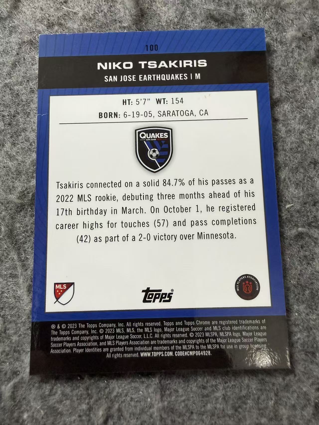 2023 Topps Chrome Niko Tsakiris RC 美职联 MLS 圣何塞地震 尼科 察基里斯 99编 折射 球星卡