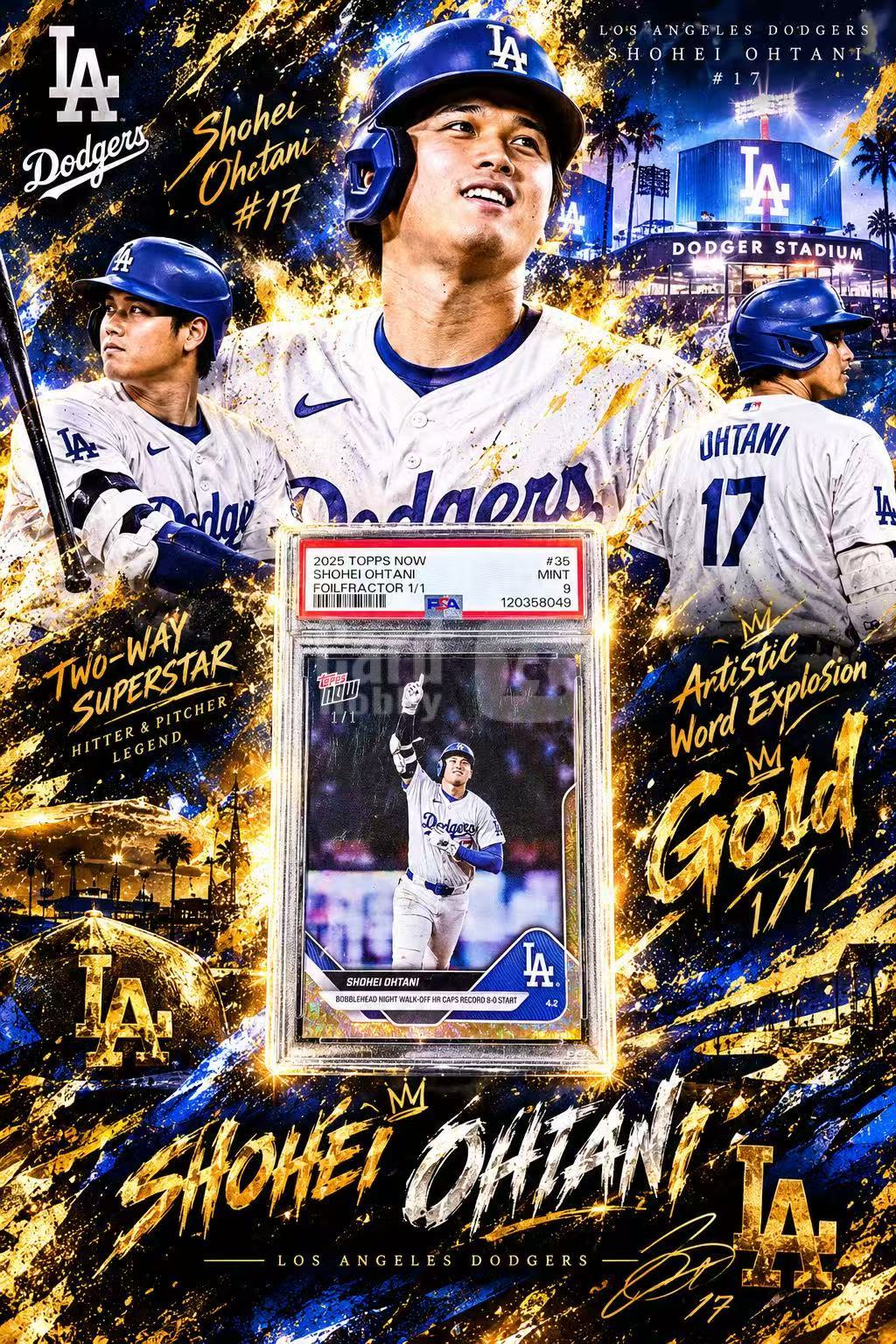 2025 Topps now Shohei Ohtani 【柠檬拍卖】洛杉矶 道奇 大谷翔平 1/1编 爆金折 折射 转会首版 时刻 PSA评级9分 #皮卡丘