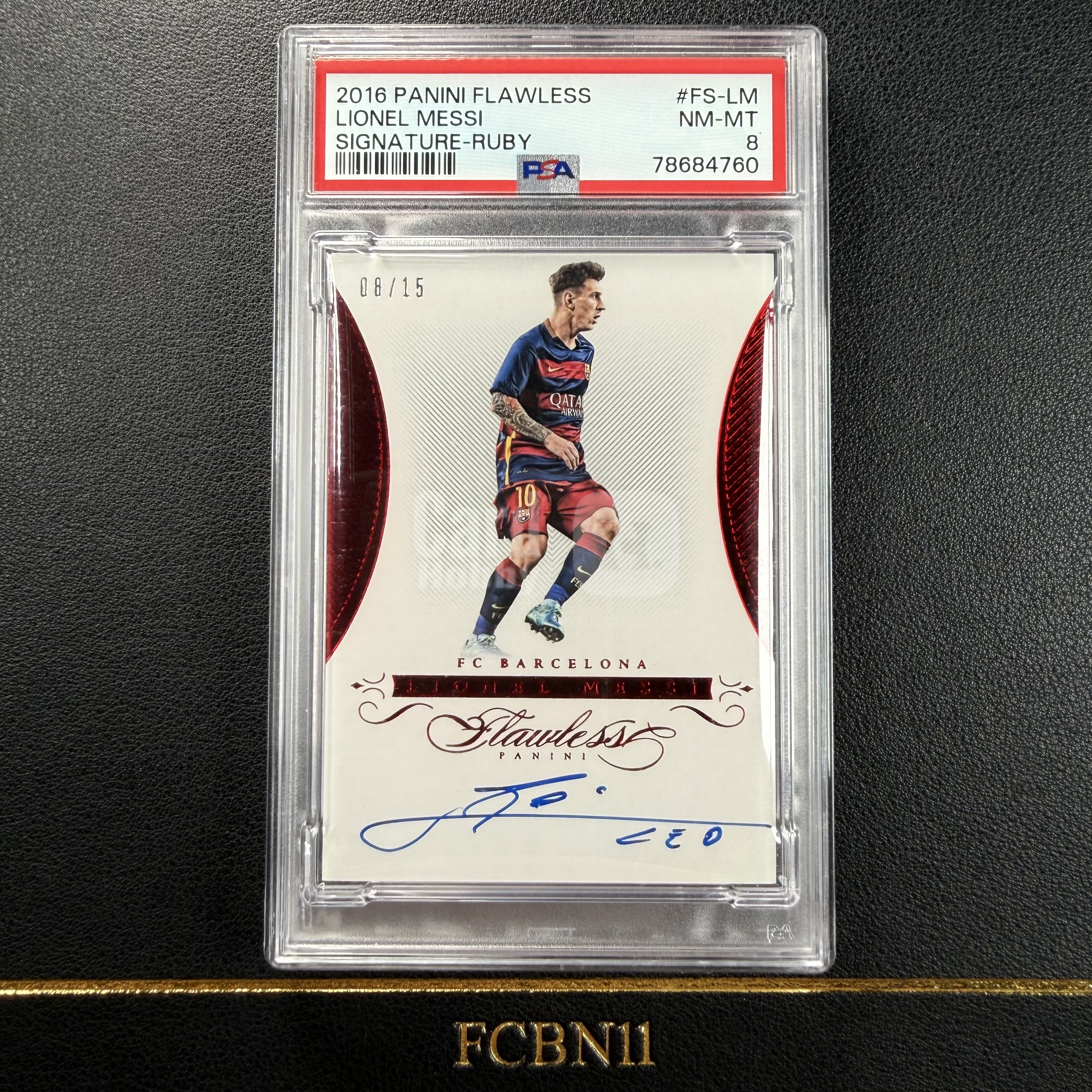 【FCB拍卖】2015-16 PANINI FLAWLESS MESSI 梅西 15编 红折半球 卡签 签字 PSA8 同款最高品相 color match背面写打破西甲联赛进球纪录 巴萨 阿根廷 手提｛Run277｝FCBN11代理拍卖W