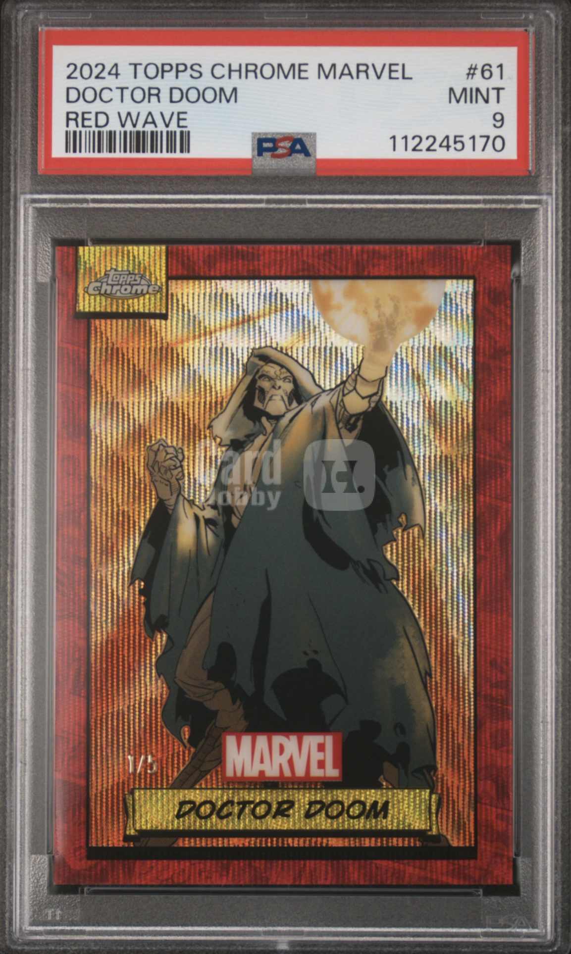 2024 Topps Chrome Marvel (MCU) Doctor Doom 元年 漫威 毁灭博士 1/5编 首编 红折 红波纹折 复仇者联盟 钢铁侠回归 小罗伯特唐尼 PSA9 最高分 天空